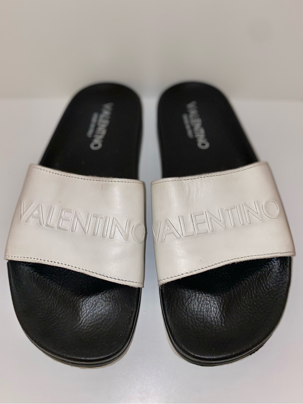 Valentino White and Black Logo Slide Sandals